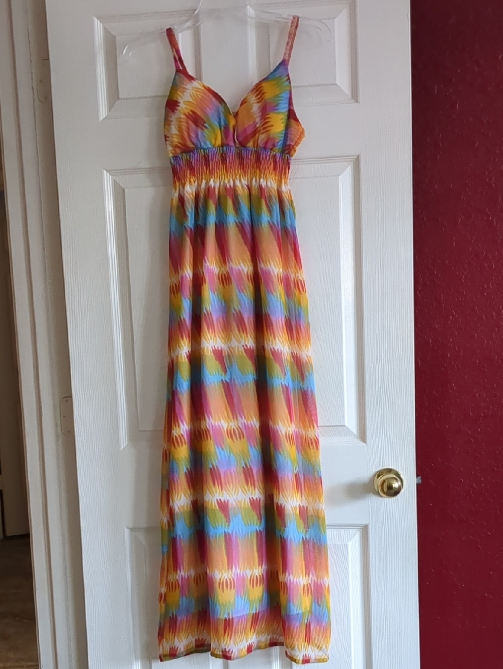 Colorful Tie-Dye Sleeveless/Straps Smocked-Waist Chiffon Maxi Sundress